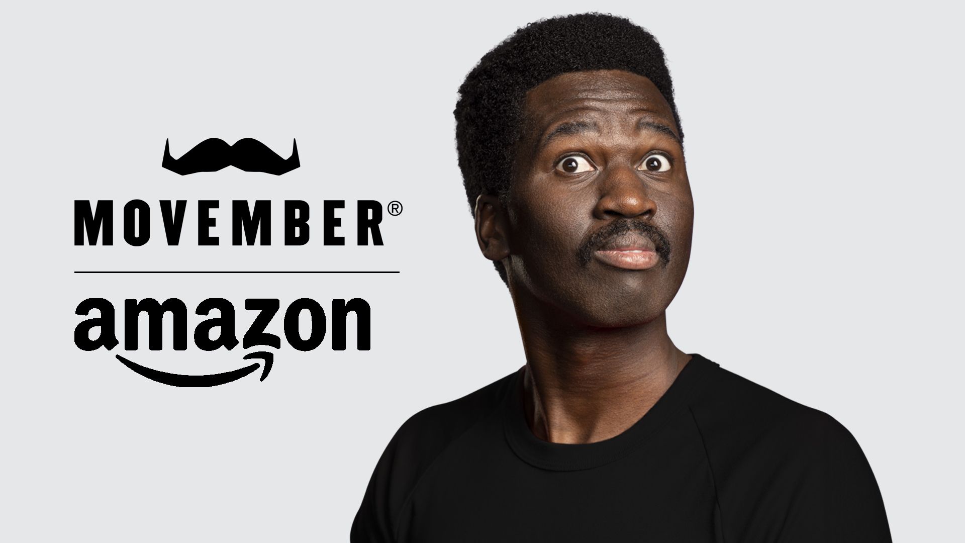 Photo of a man with an excellent moustache looking to camera. Superimposed text shows the Movember logo and the Amazon logo.